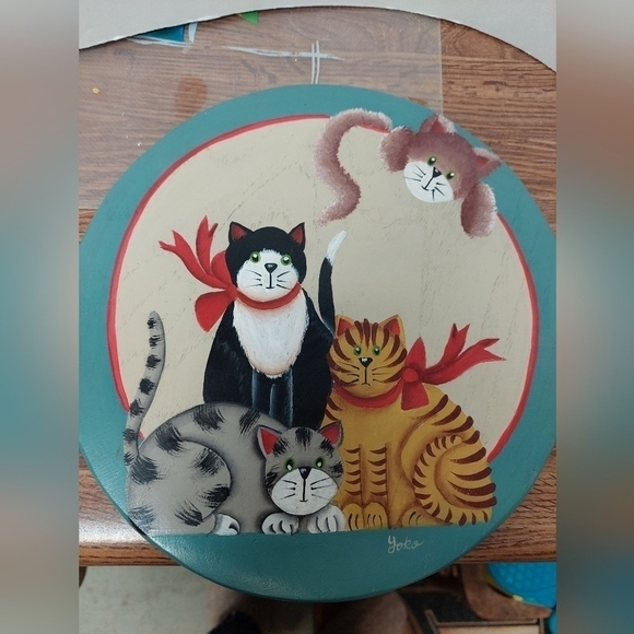 Handpainted Curious Cats by Yoko on Wooden Cutting Board/Tray - Picture 1 of 4